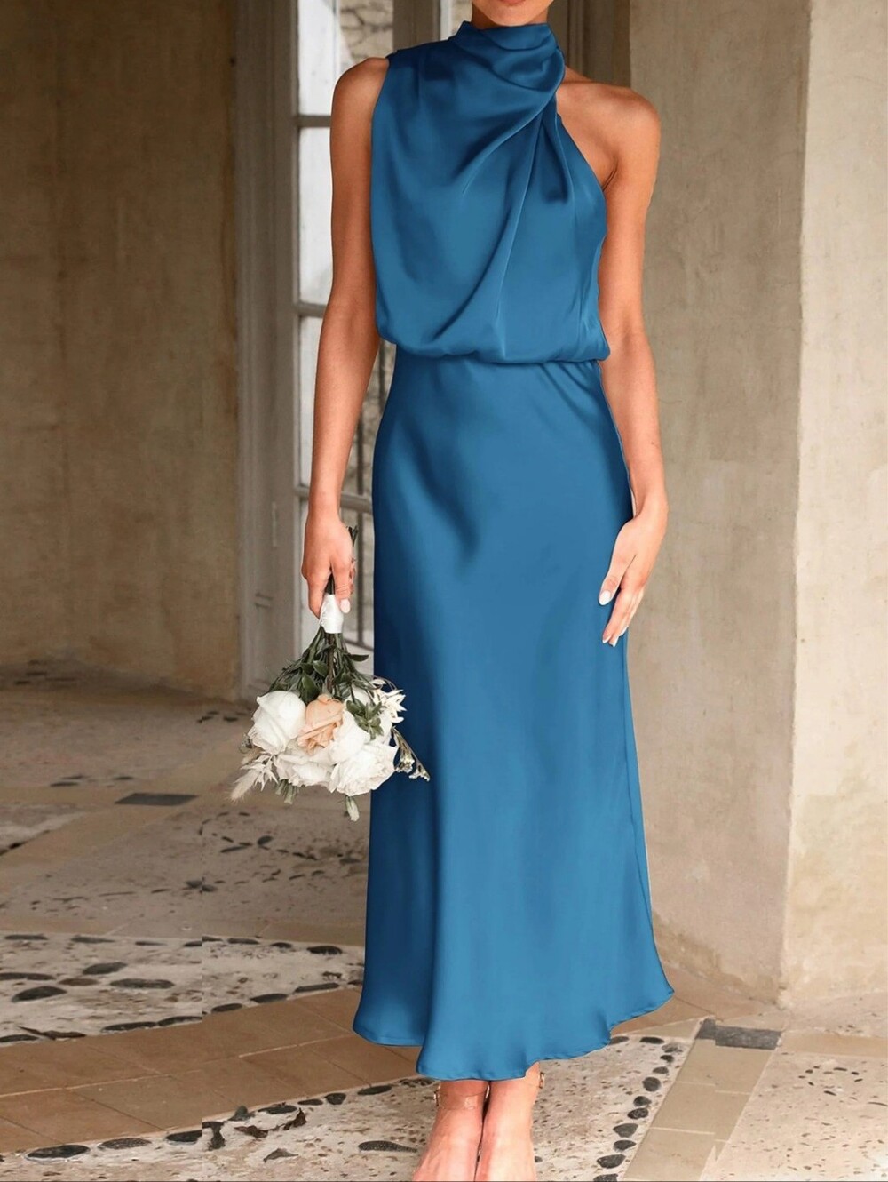 NWT PrettyGarden Dark Blue Satin Mock Neck Maxi Dress M